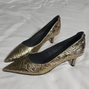Franco Sarto Gold Floral Embossed Kitten Heels